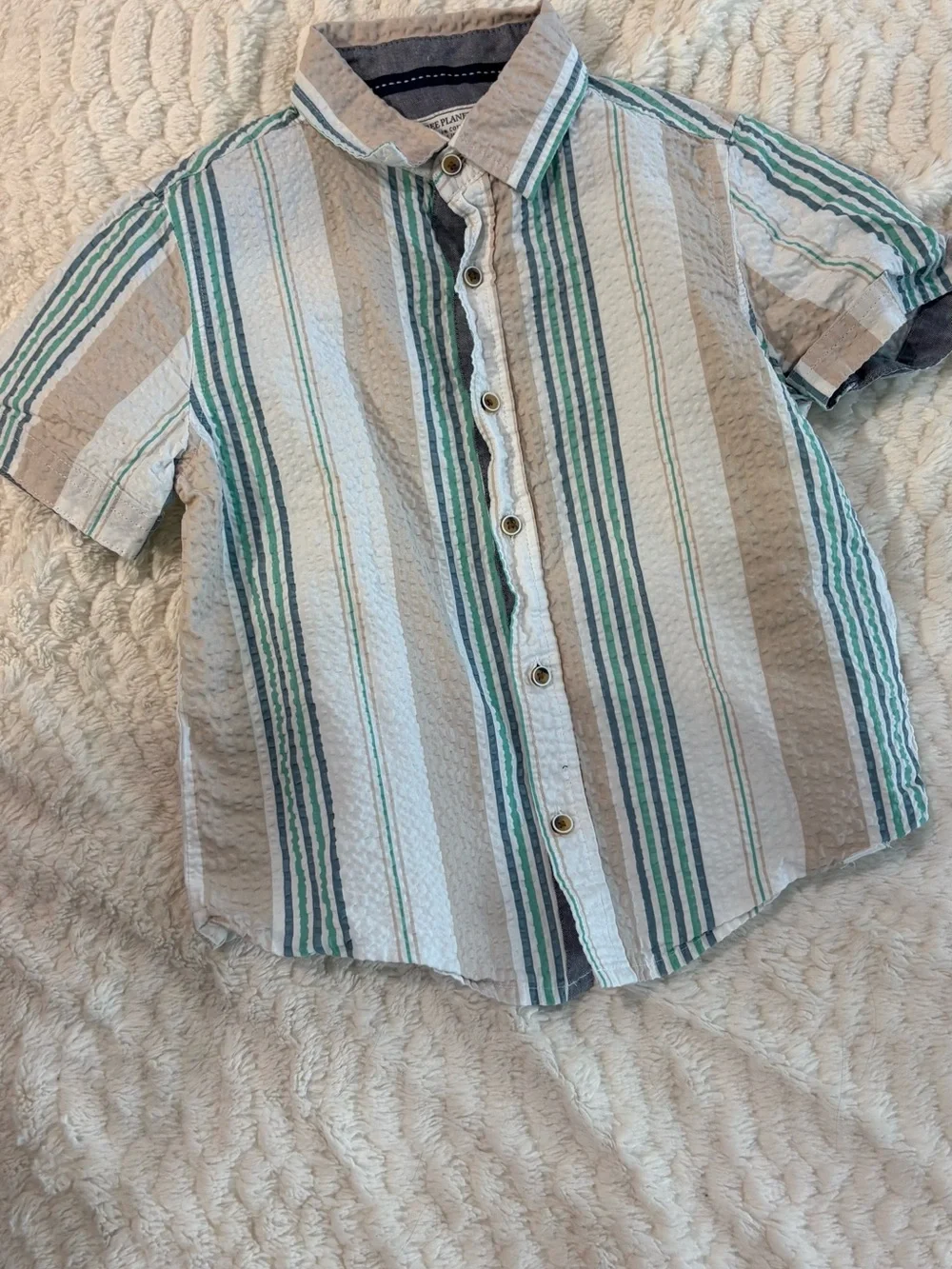 Boys Short-Sleeve Striped Button-Up Shirt - Green & Tan size 4